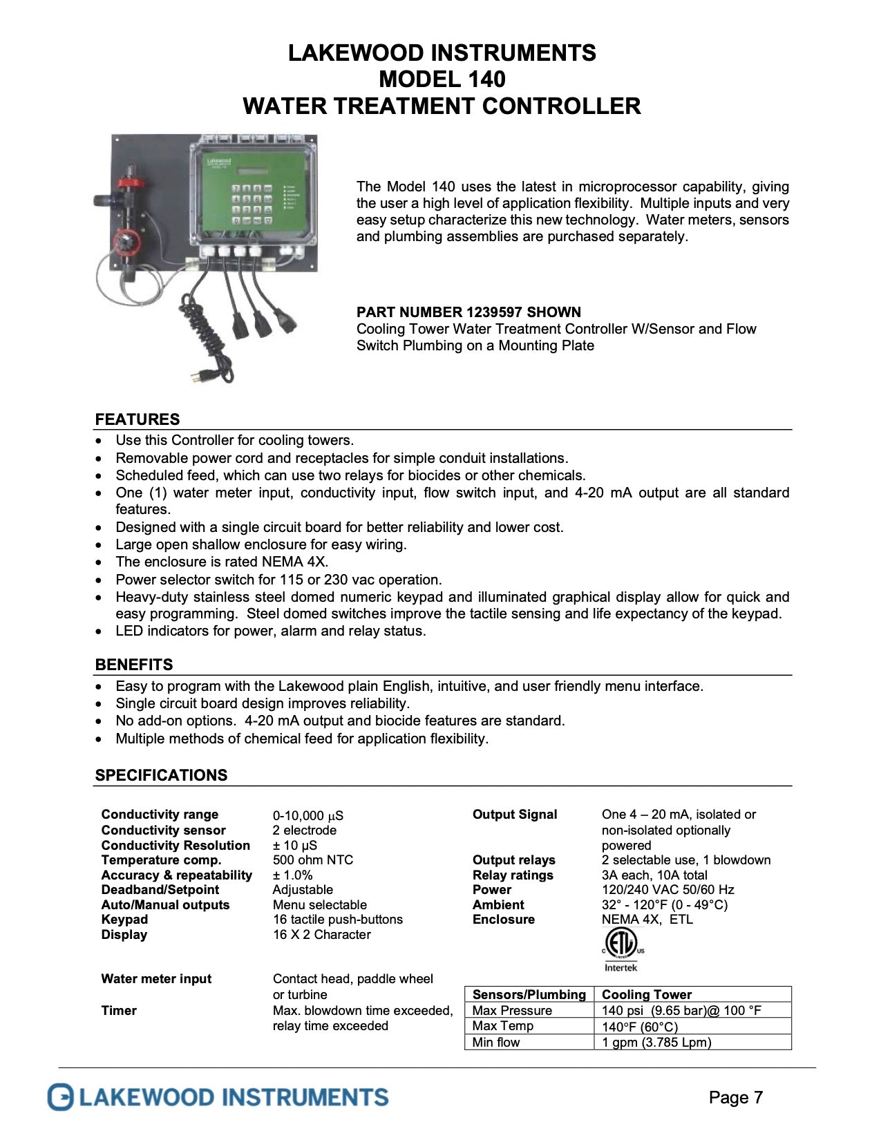 Water TDS controller for cooling towers Lakewood model 140 Yamatho Supply LLC